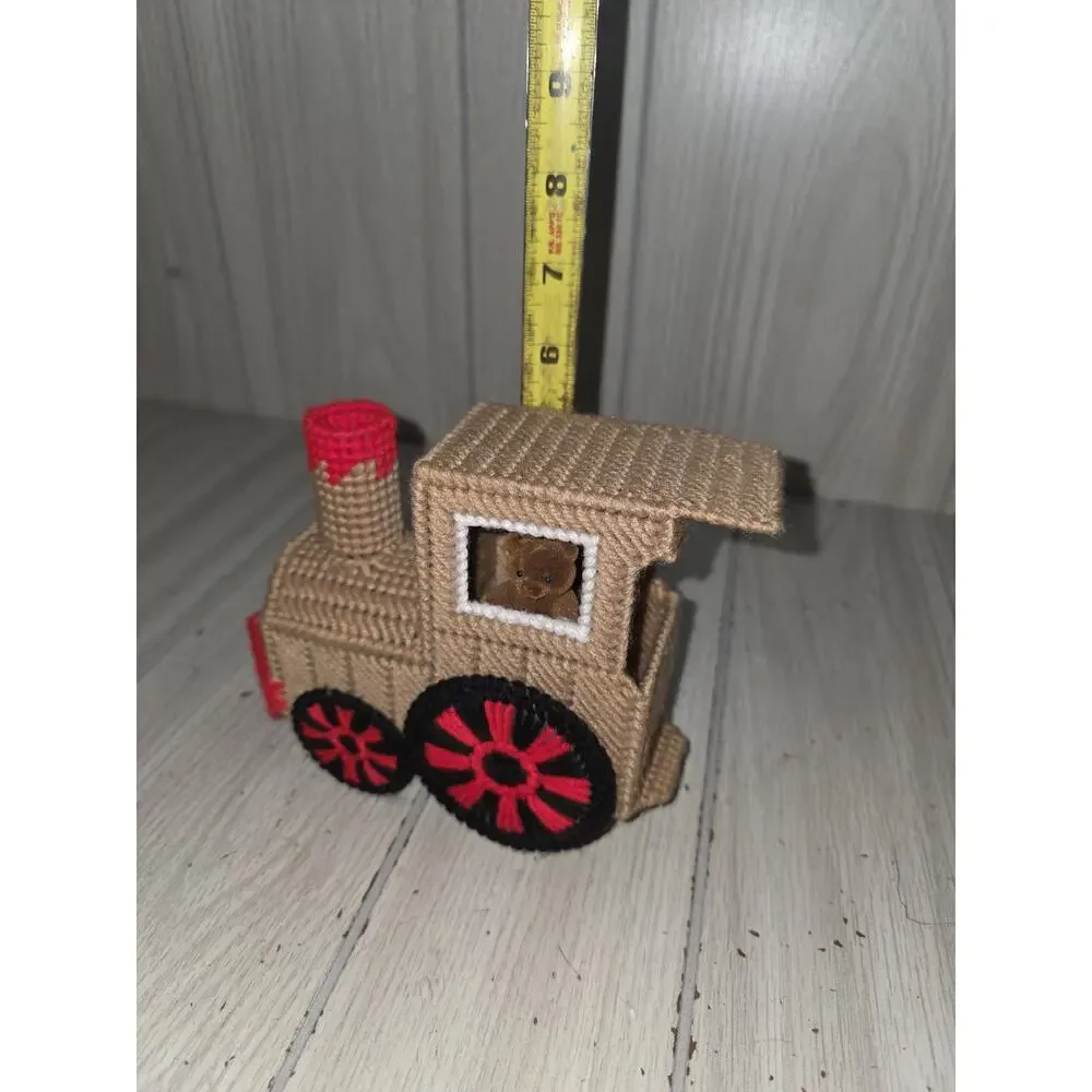 Vintage Plastic Canvas Needlepoint Christmas Train Engine Bear Conductor Decor